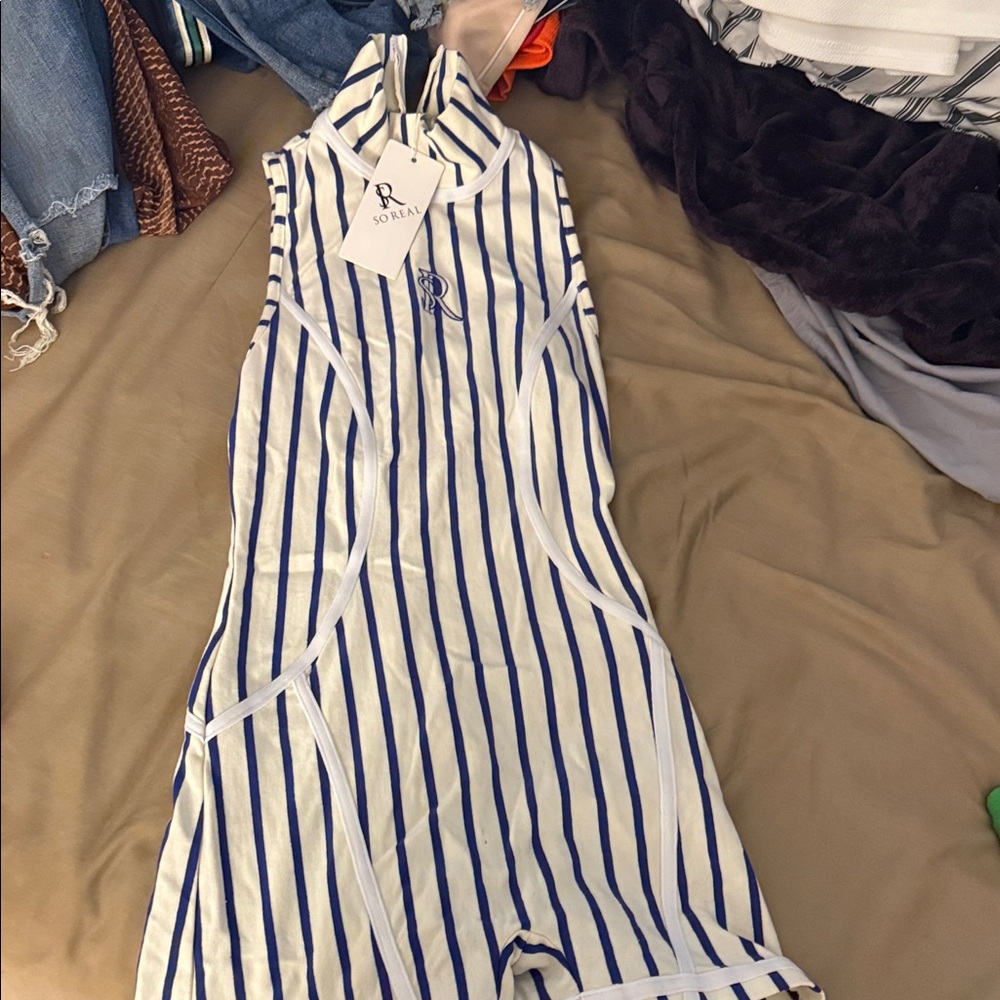 So Real Navy and White Striped Bodysuit